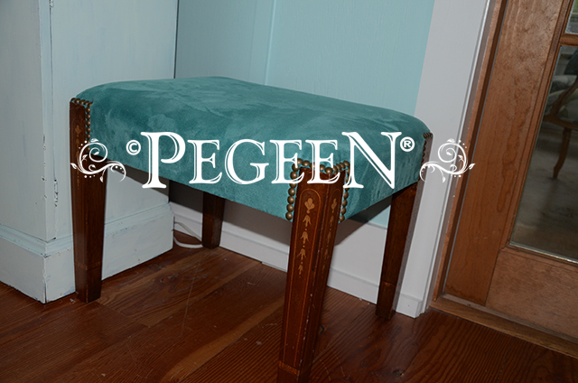 Upholstered stool from our 1760's antique drunkards bench  - Pegeen Finishes by Pegeen.com