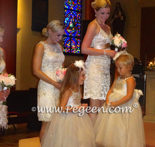 Toffee silk and tulle flower girl dresses encrusted with Swarovski Crystals